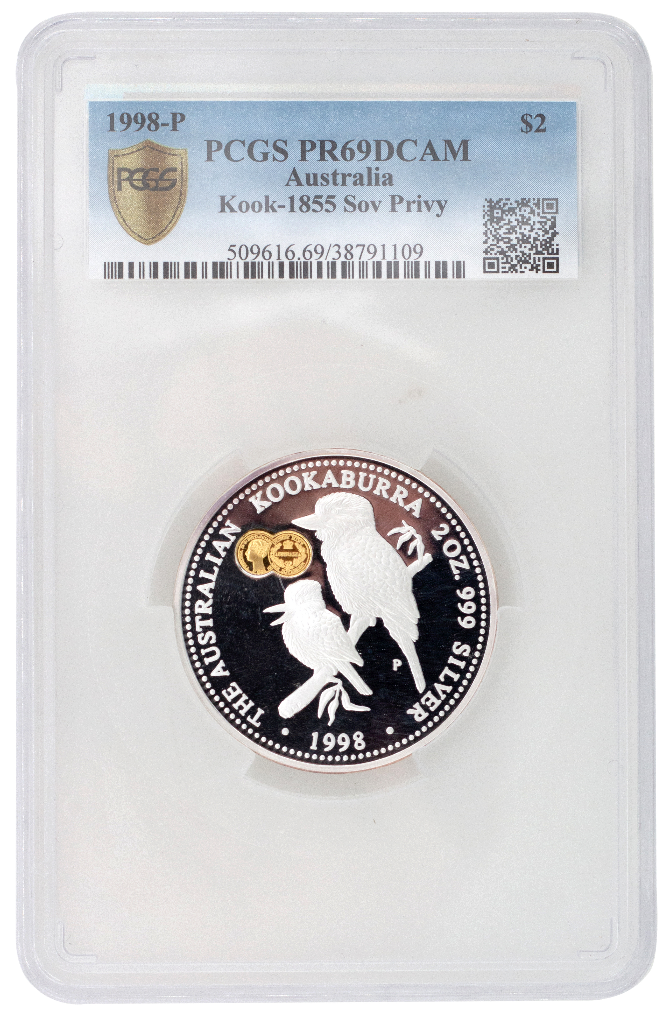Elizabeth II, 2oz Kookaburra, Two Dollars, 1998-P, PCGS PR 69DCAM