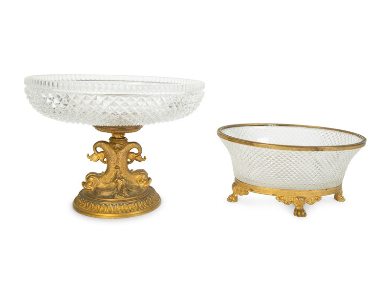 Two French Cut Crystal and Gilt Bronze Mounted Bowls
Height of largest 7 1/2 x diameter 10 inches.