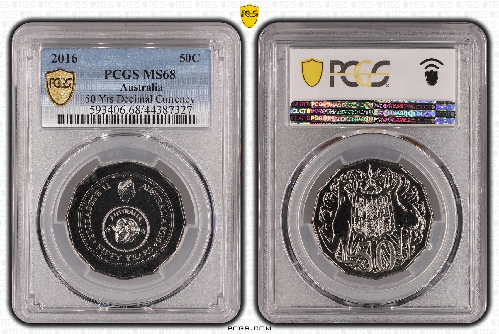 2016 Australian Fifty Cent, 50c 50th Ann. Decimal Currency PCGS - MS68 -327