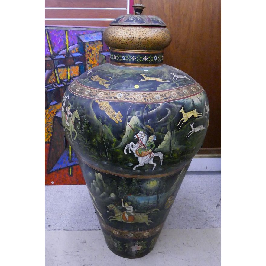 Monumental Indian Painted Brass Floor Jar- 53''