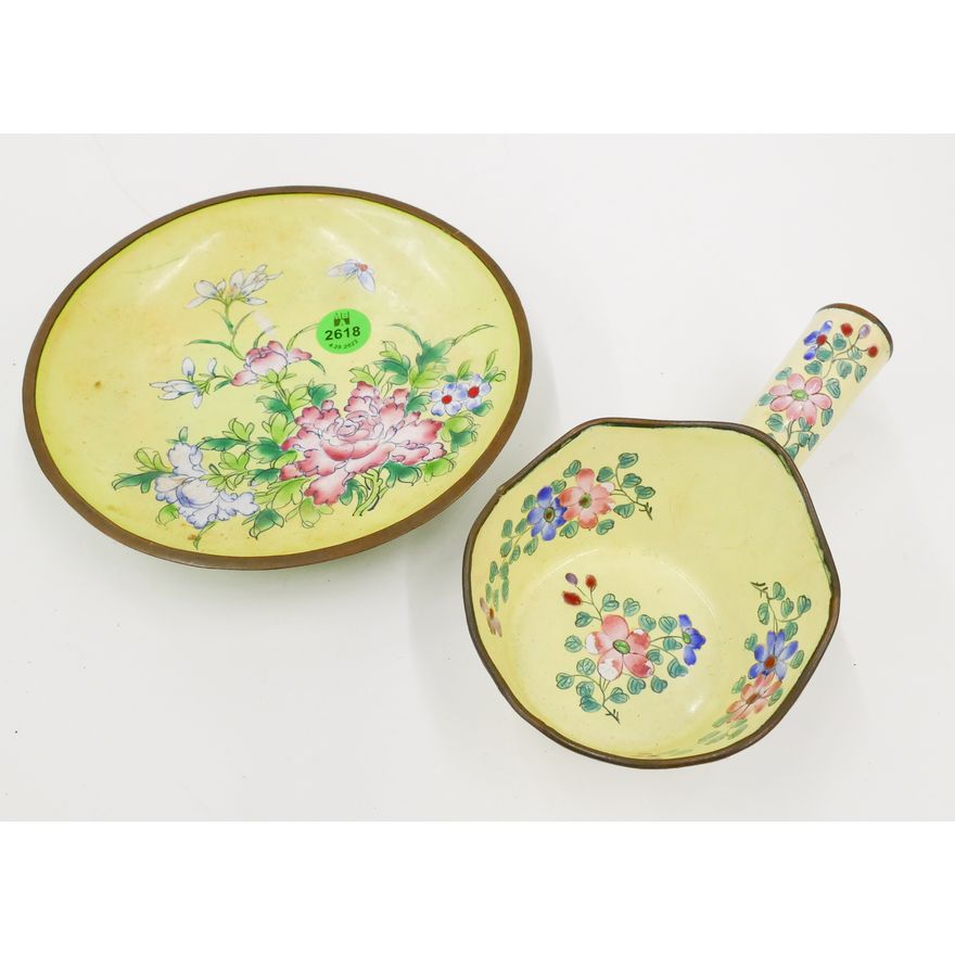 2pc Old Chinese Yellow Peking Enamel Dish and Warmer- 6'' (some damage)
