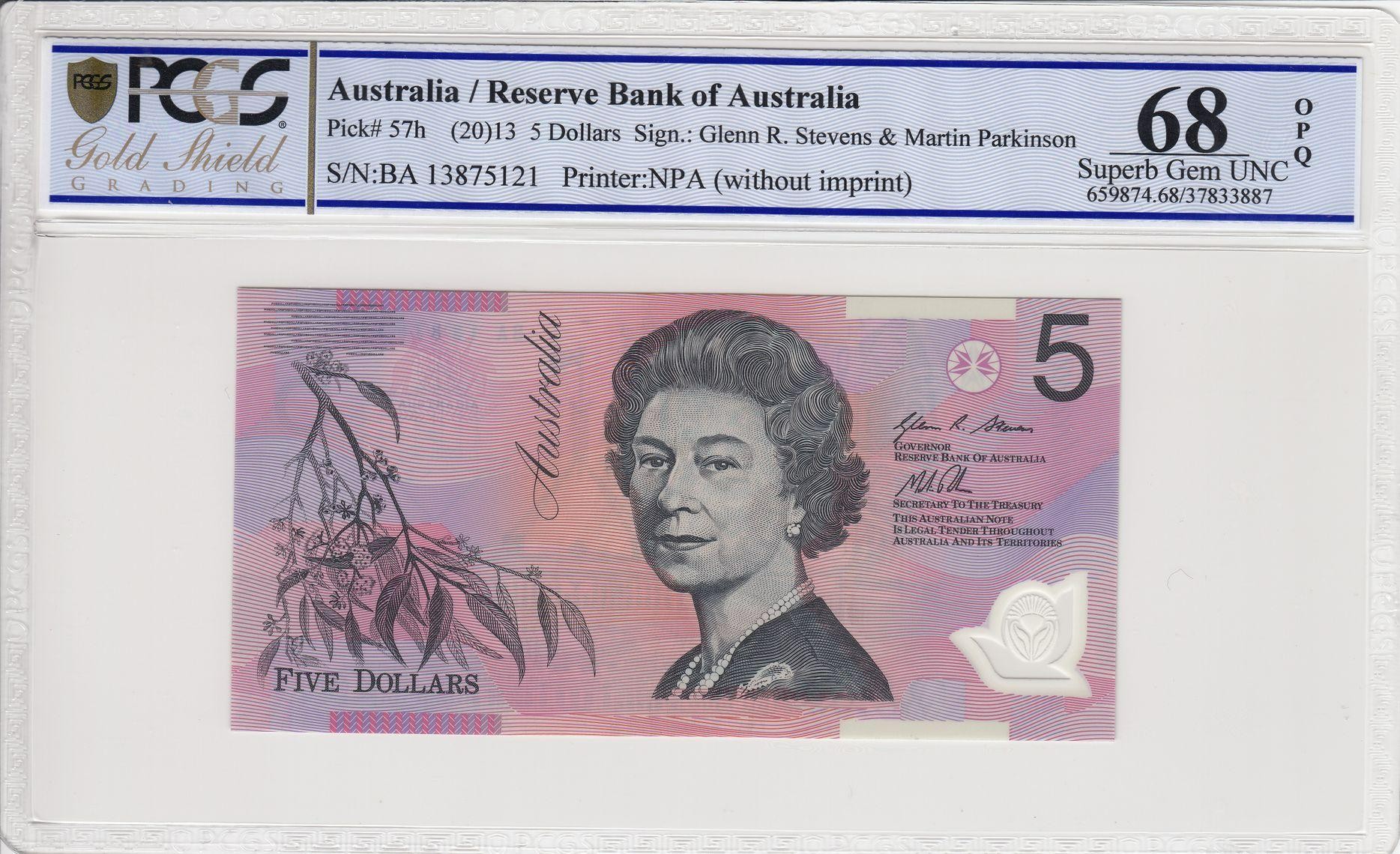 148 · RBA, Polymer, NPA (w/o imprint), Sign.: G.R. Stevens & M. Parkinson, Five Dollar, 2013, PCGS - Superb Gem UNC 68 PPQ