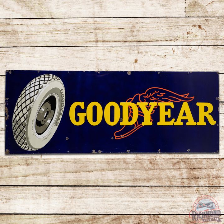 Goodyear Tires 6' SS Porcelain Sign w/ Wingfoot & All Weather Tire