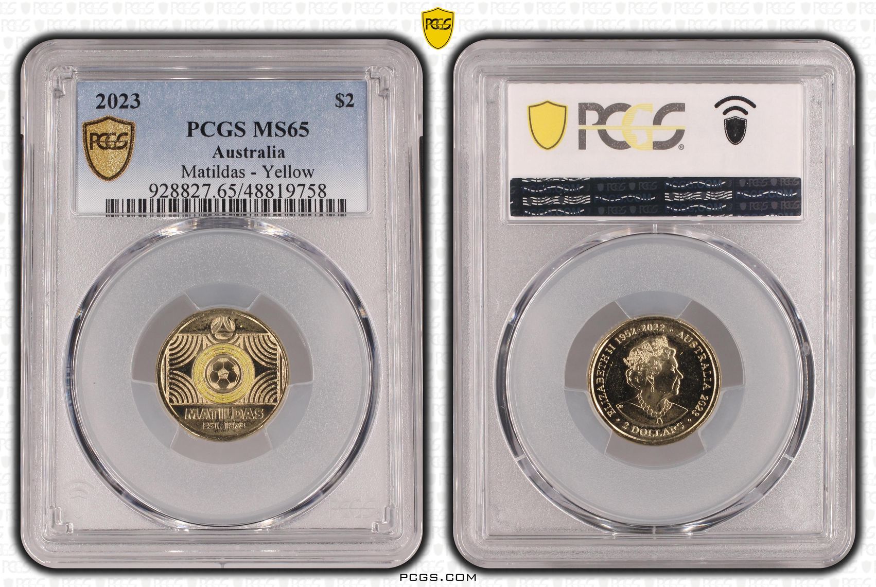 Matildas - Yellow Colorized, Two Dollar, 2023, PCGS MS65