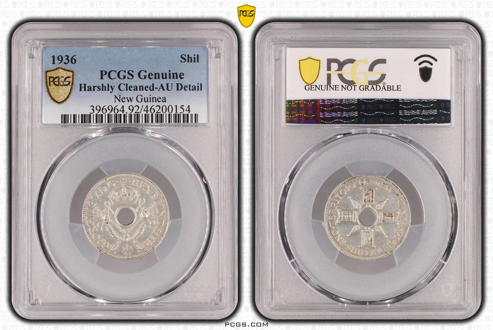 New Guinea, Shilling, 1936, PCGS Genuine - AU Details (92 - Cleaned)