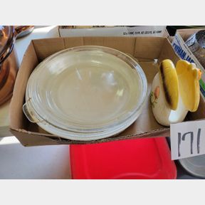 Pie plates, corning casserole and vintage napkin holder