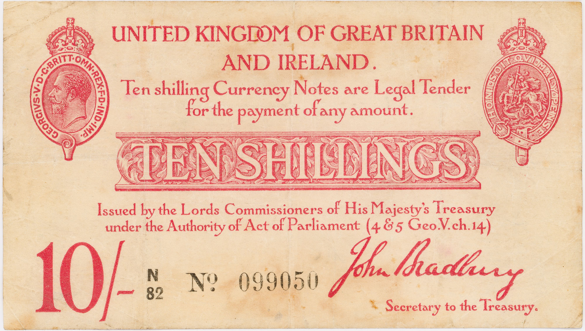 Great Britain, John Bradbury, Treasury Note, Ten Shillings, 1915, gF
