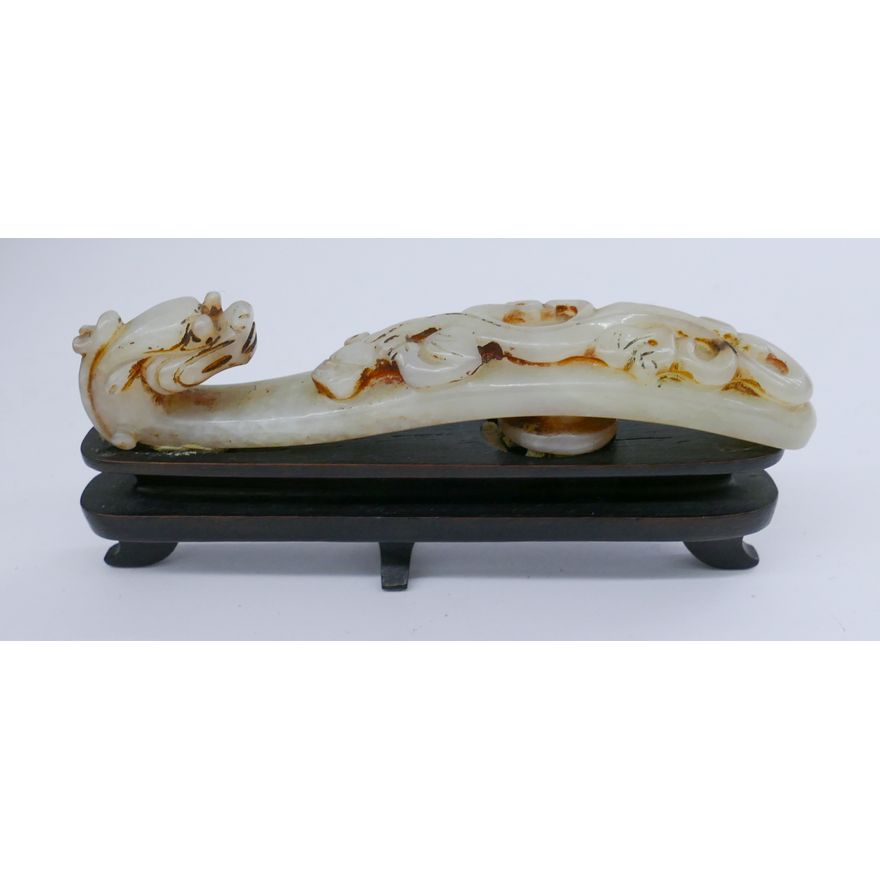 Chinese Qing White Jade Dragon Belt Hook on Stand