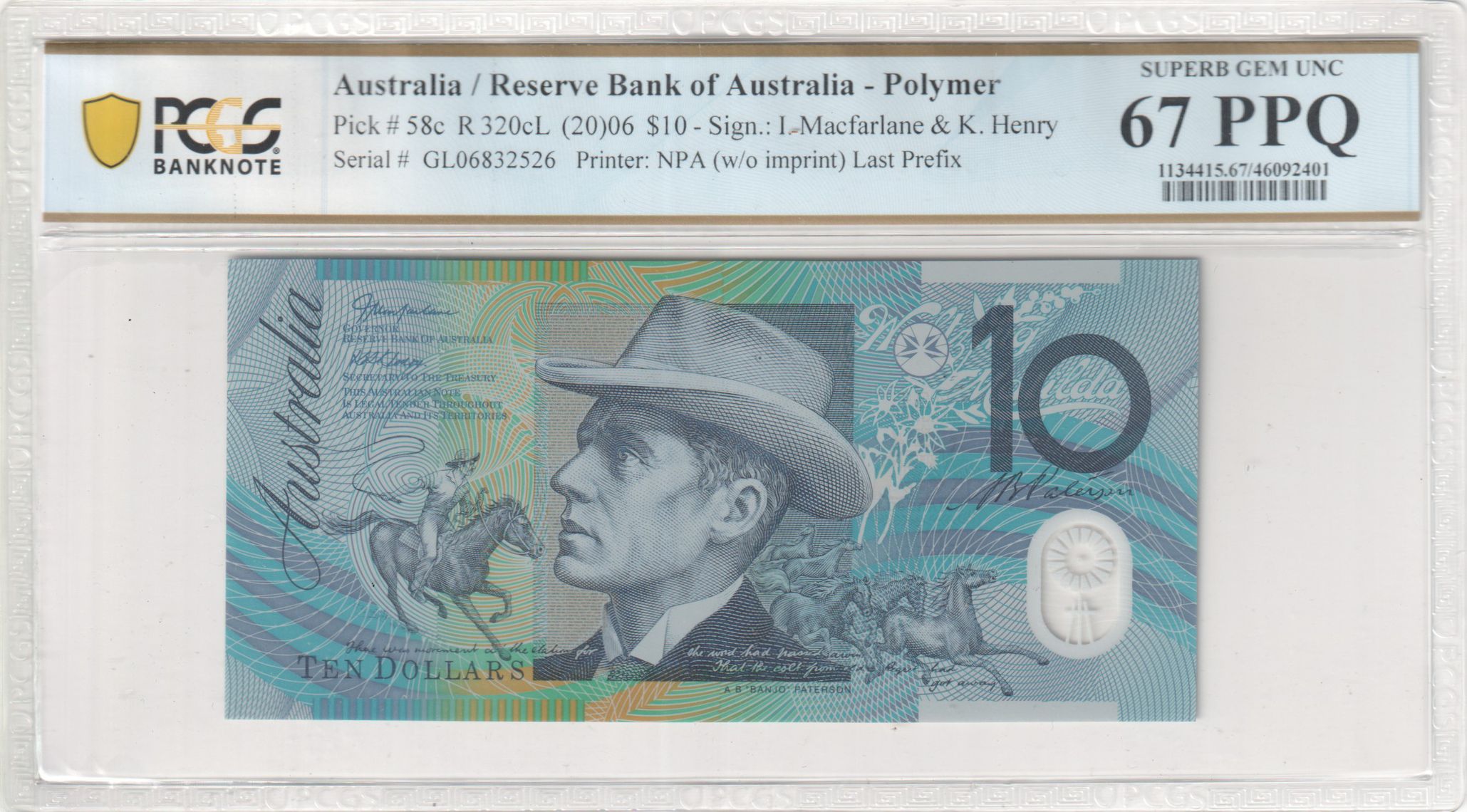 Macfarlane/Henry, Last Prefix, Ten Dollar, 2006, PCGS Superb Gem UNC 67 PPQ