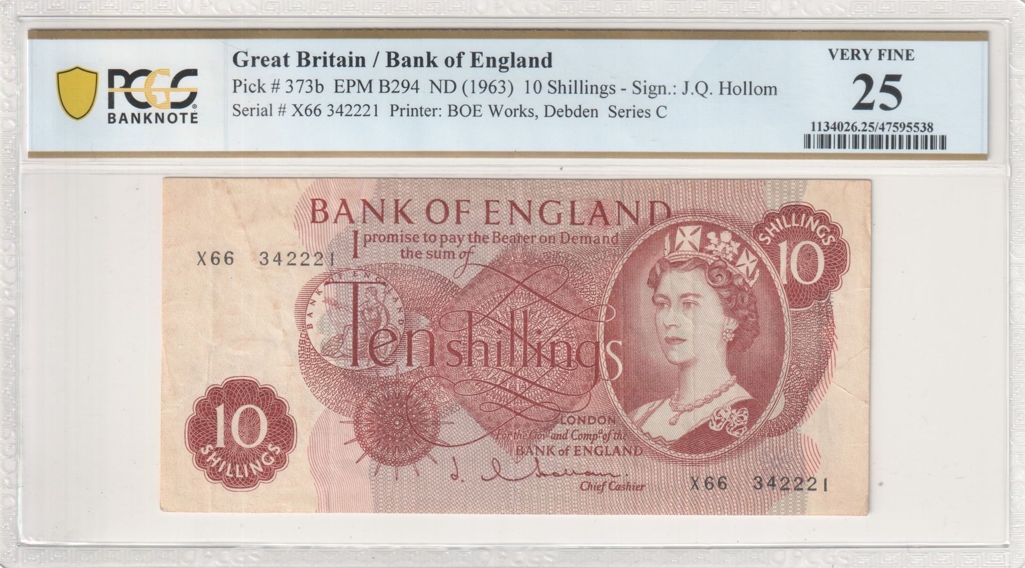 Great Britain, BOE Works, Debden, J.Q. Hollom, Series C, Ten Shilling, 1963, PCGS Very Fine 25