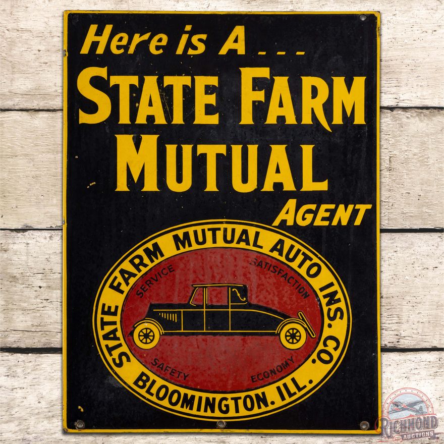 State Farm Mutual Auto Insurance DS Porcelain Flange Sign w/ Early Car Bloomington Ill.