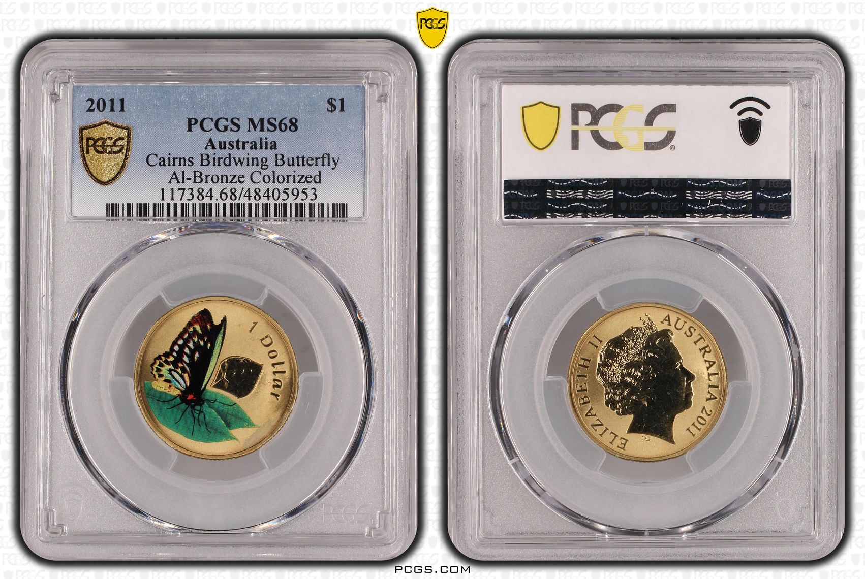 Elizabeth II, Cairns Birdwing Butterfly Al-Bronze Colorized, One Dollar, 2011, PCGS MS68