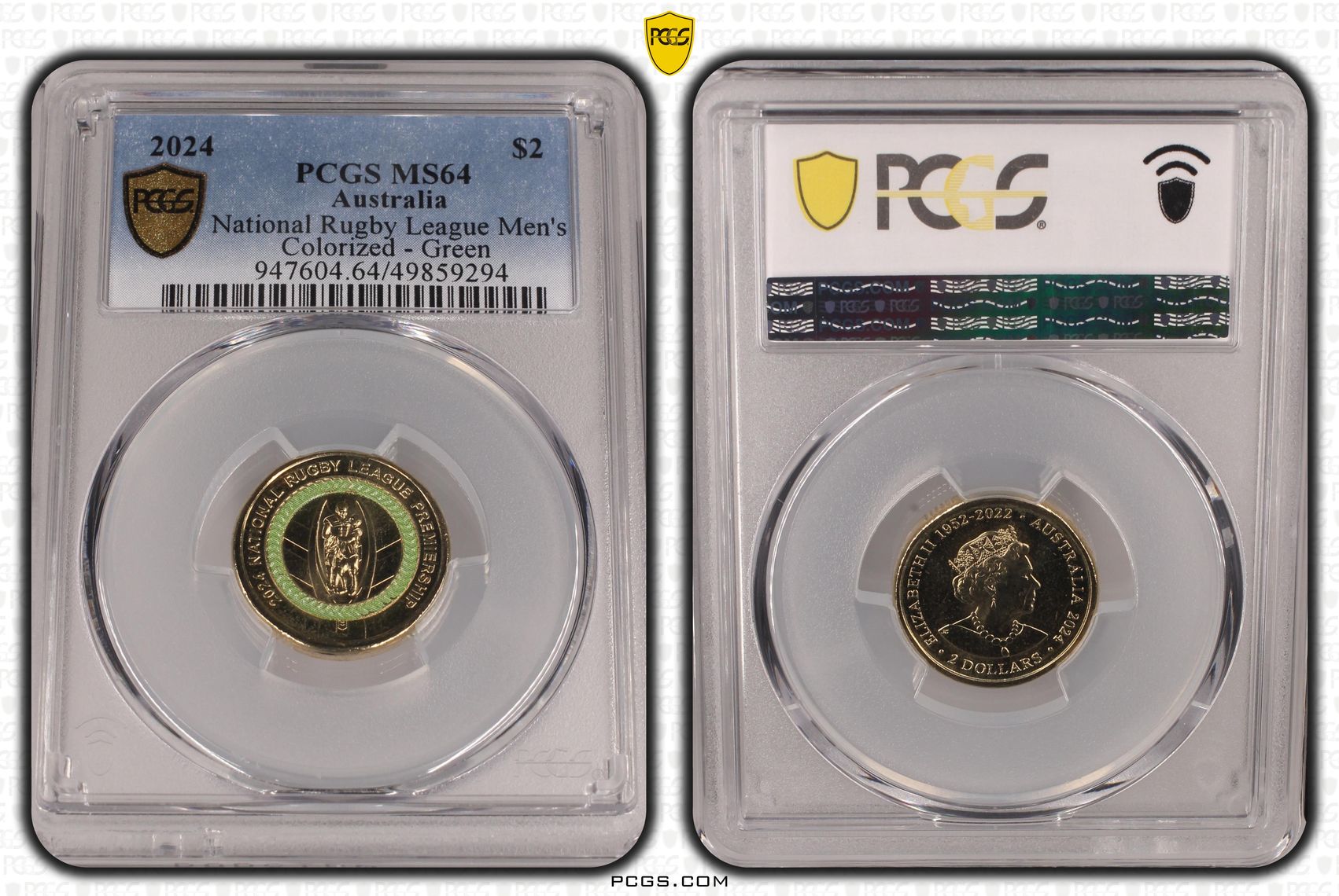 National Rugby League Men's Colourised - Green, Two Dollar, 2024, PCGS MS64