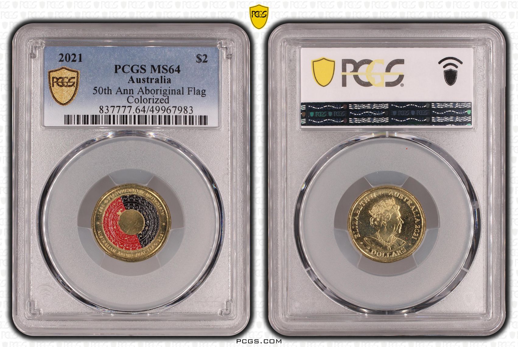 50th Ann Aboriginal Flag Colorized , Two Dollar, 2021, PCGS MS64