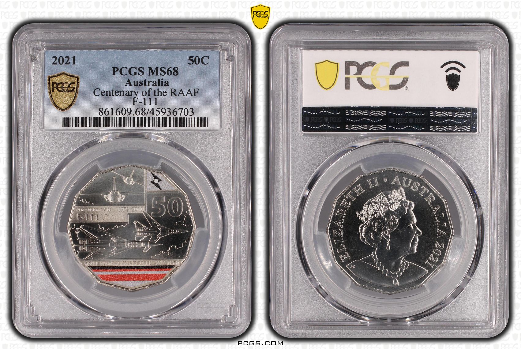 2021 Australia Fifty Cent, 50c Centenary of the RAAF F-111 PCGS - MS68 -703