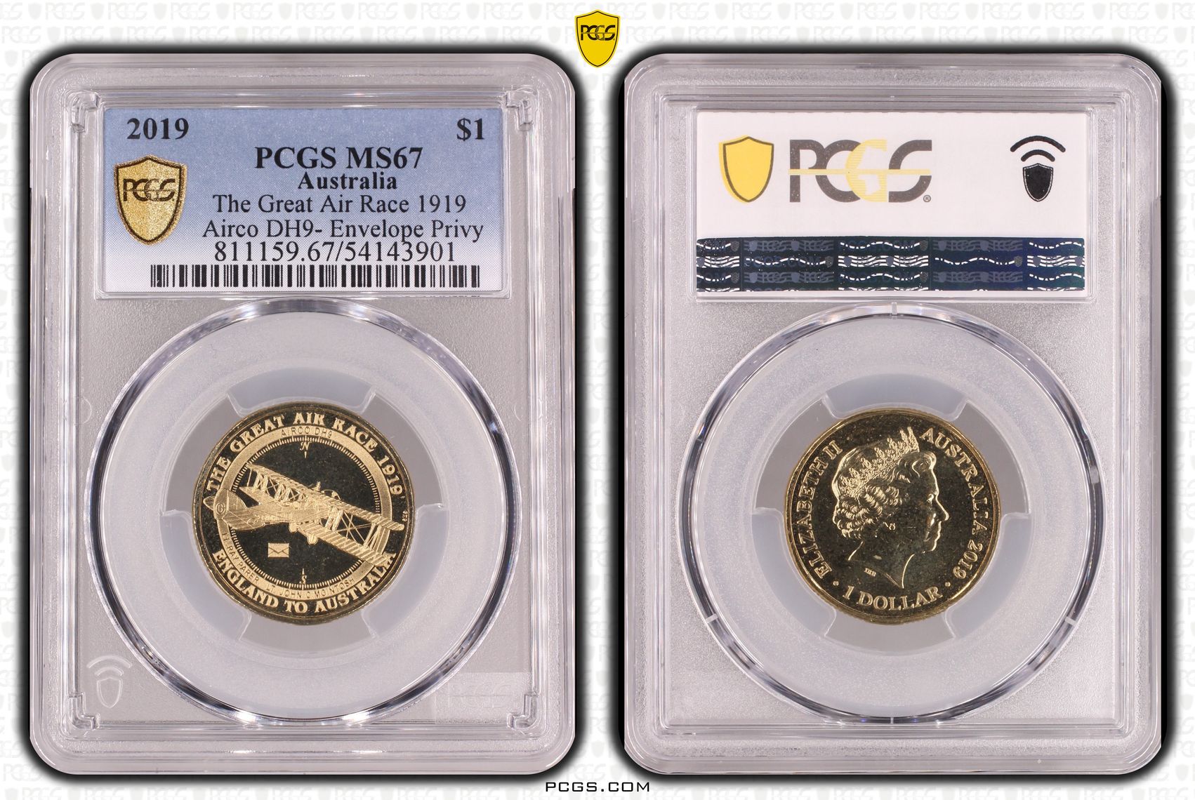 273 · The Great Air Race 1919 Airco DH9- Envelope Privy, One Dollar, 2019, PCGS MS67