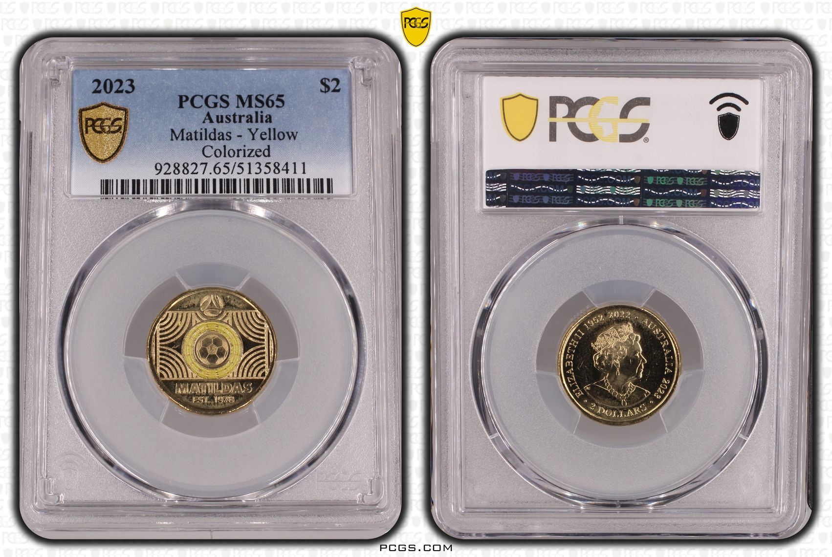 Matildas - Yellow Colorized, Two Dollar, 2023, PCGS MS65