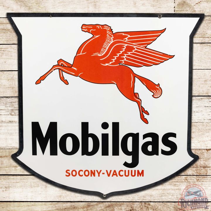 Rare Mobilgas Socony Vacuum 42" DS Porcelain Shield Sign w/ Pegasus West Coast