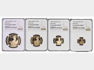 1988 ELIZABETH II PROOF GOLD 4-COIN BRITANNIA SET (ALL GRADED PF70 UCAM BY NGC TOP POP!)