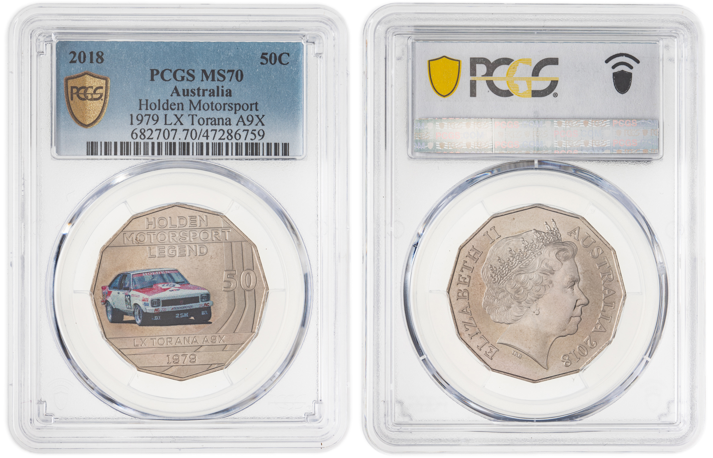 248 · Elizabeth II, Holden Motorsport - 1979 LX Torana A9X, Pop 3/0, Fifty Cent, 2018, PCGS MS70