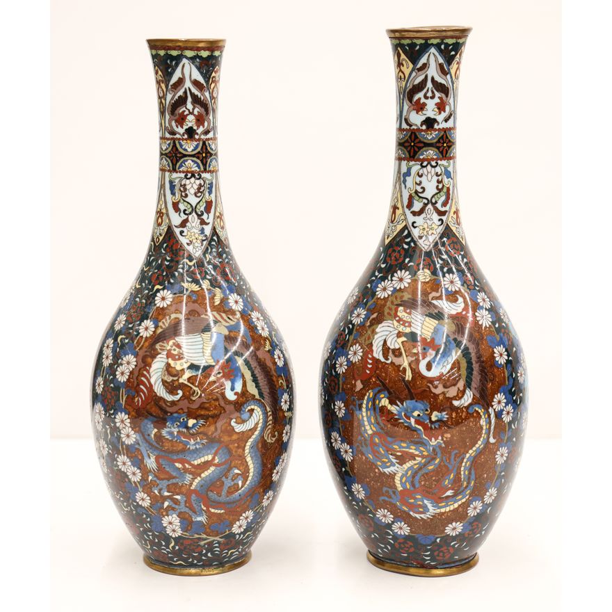 Pair Japanese Dragon & Phoenix Cloisonne Vases