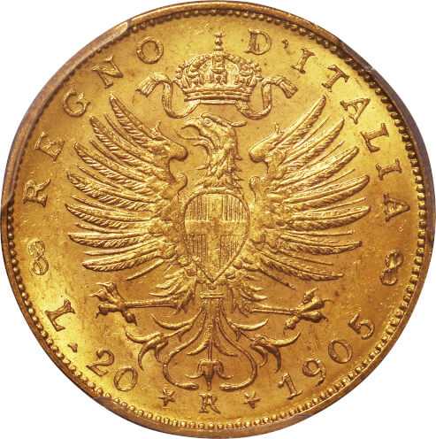イタリア-Italy. 1906. PCGS MS62. 極美/未. AU. Gold. 20リレ(Lire