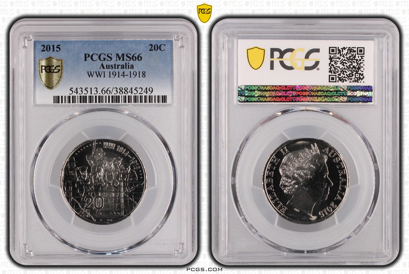 2015 Australia Twenty Cent, 20c WWI 1914-1918 PCGS - MS66 -249