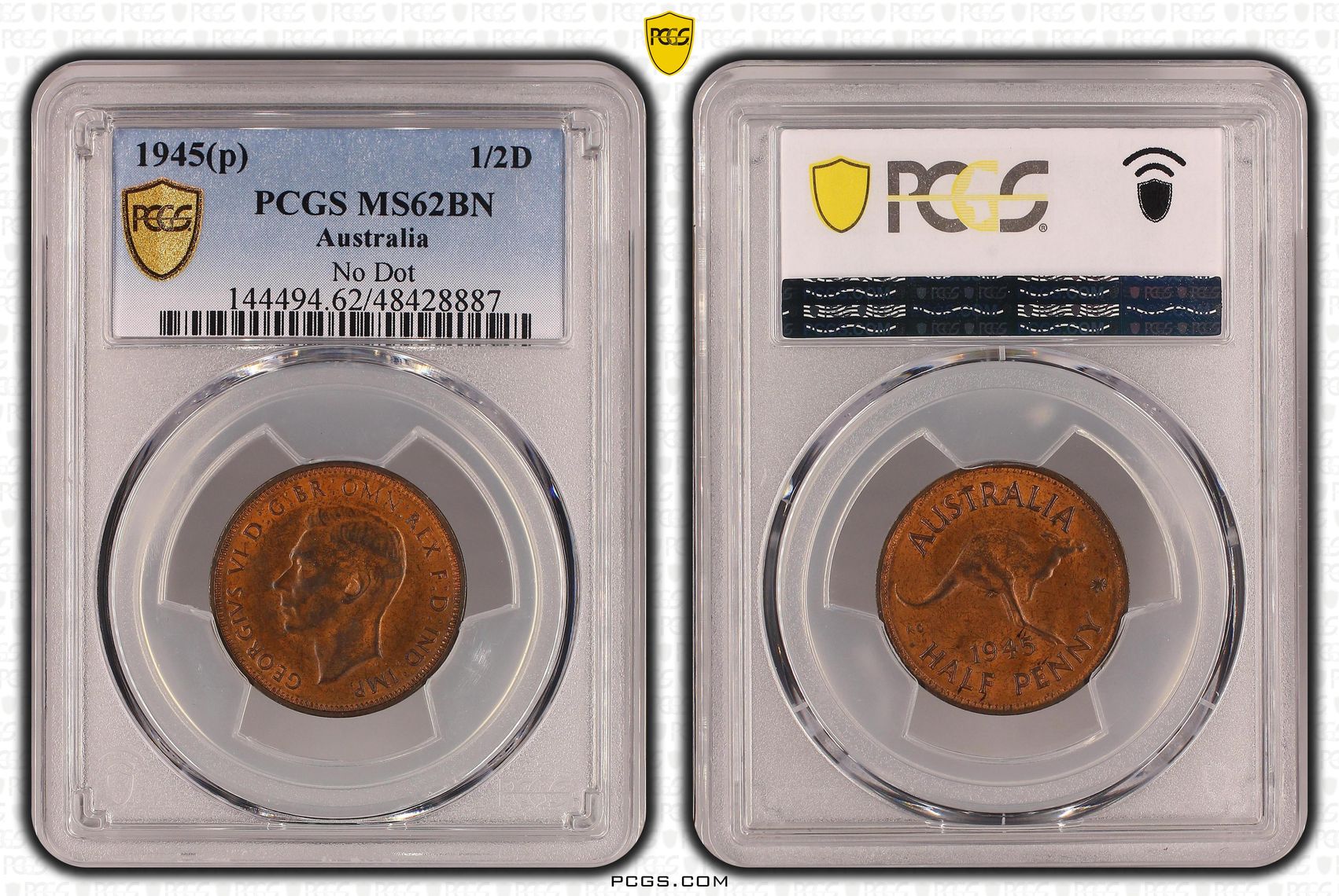 No Dot, Halfpenny, 1945(p), PCGS MS 62BN