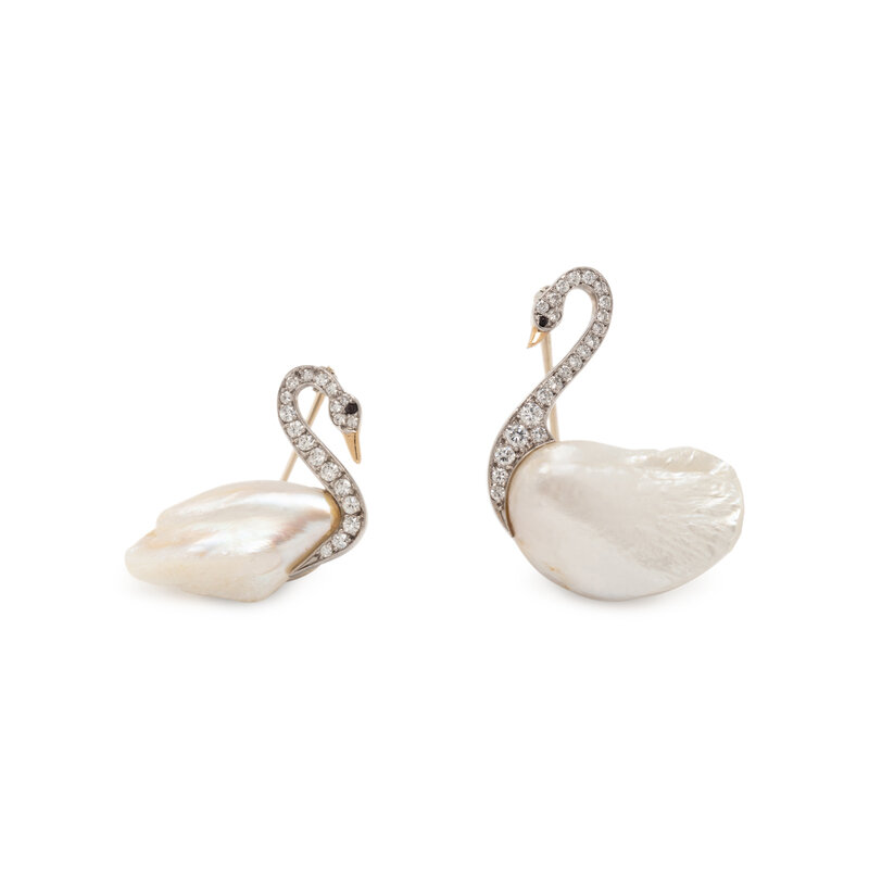RUSER, PAIR OF DIAMOND AND CULTURED BAROQUE PEARL SWAN BROOCHES