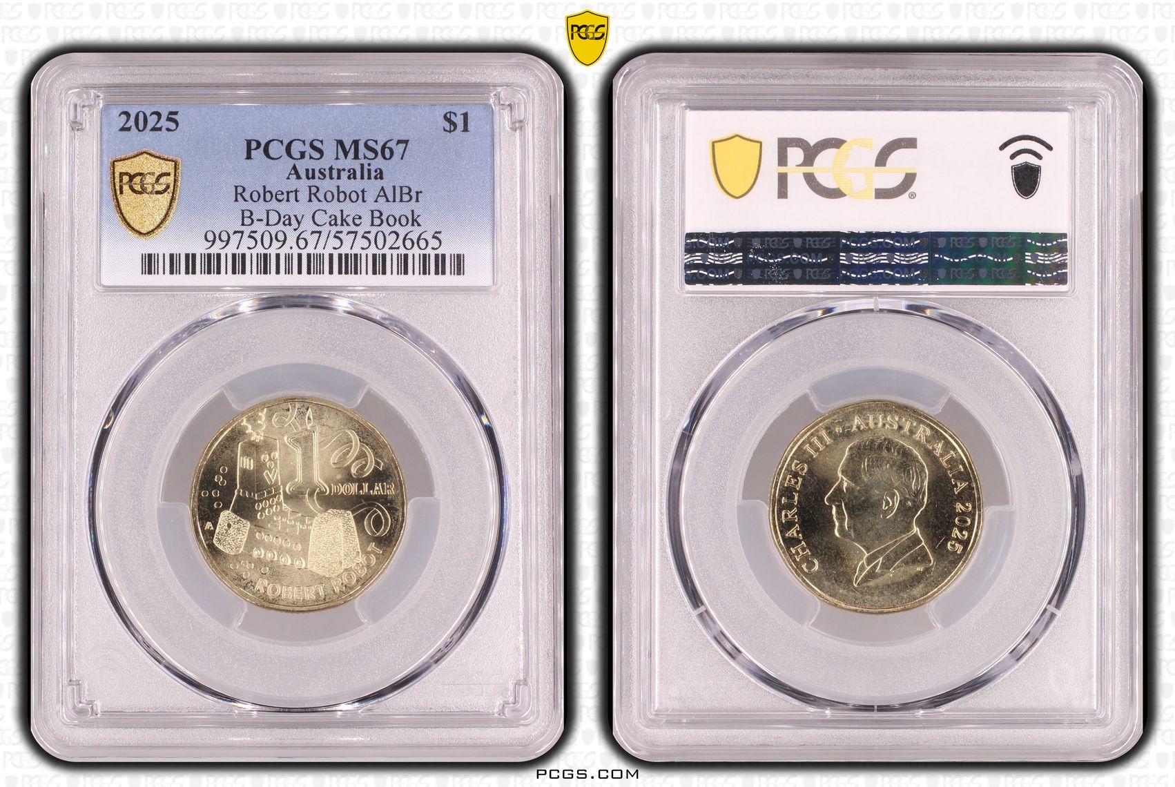 Robert Robot AlBr B-Day Cake Book, POP 6/0, One Dollar, 2025, PCGS MS67
