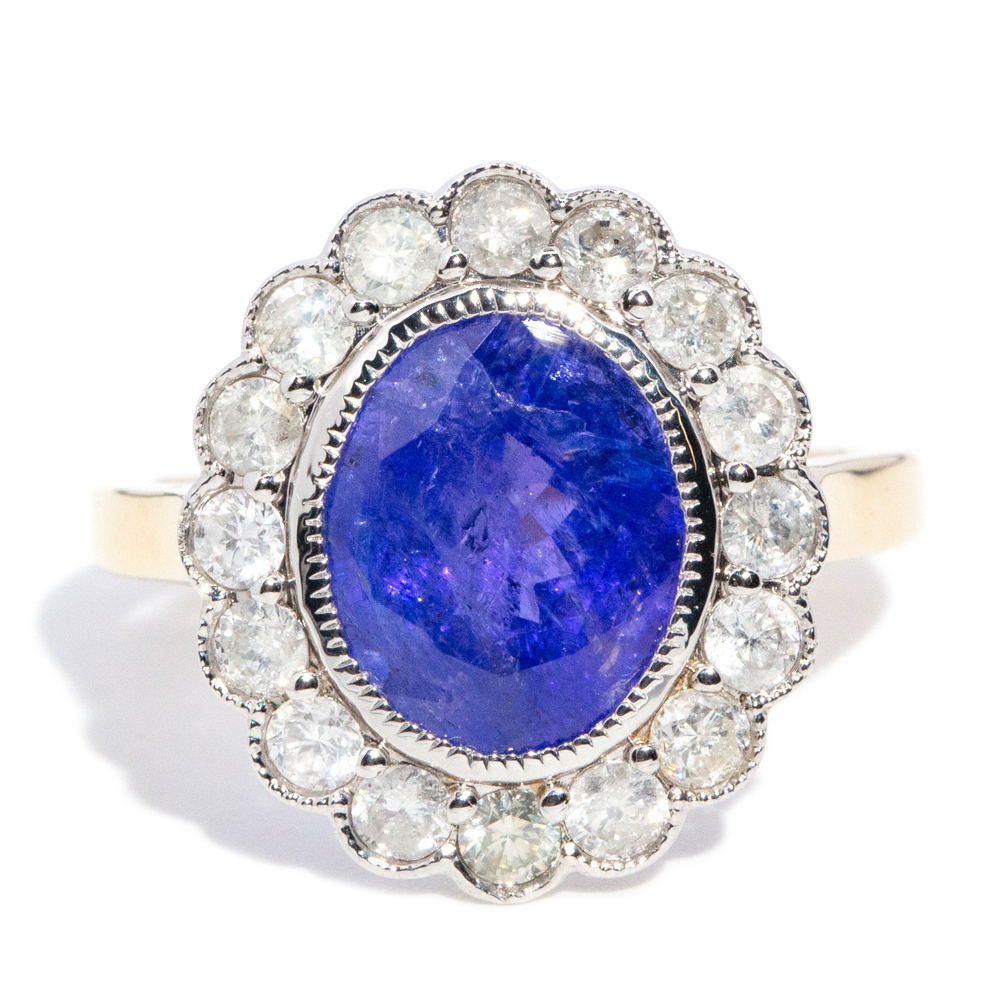 151 · 3.83 Carat Tanzanite & 1.02 Carat Diamond Halo Ring in 14ct Gold