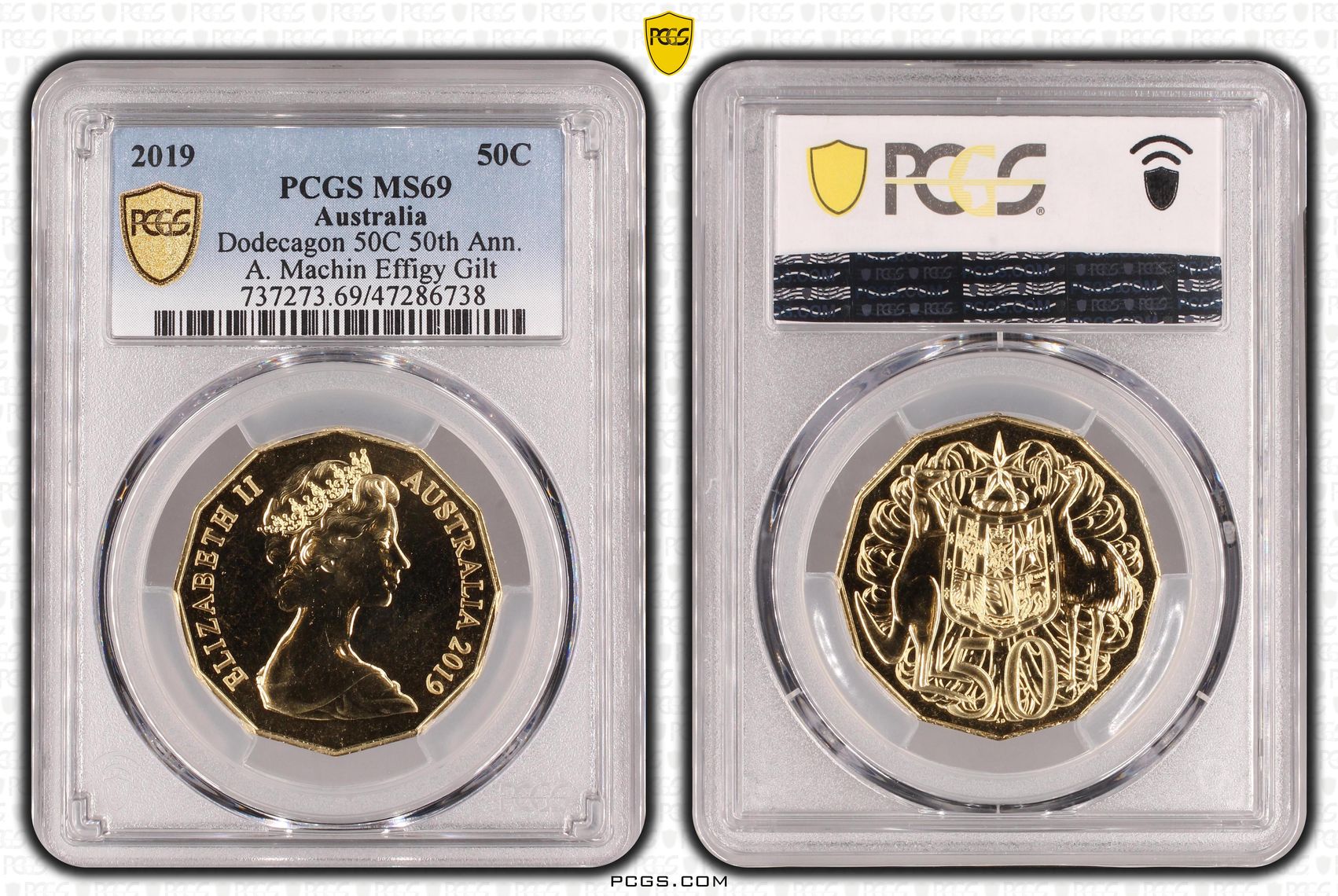 Elizabeth II, Dodecagon 50C 50th Ann. A. Machin Effigy Gilt, Fifty Cent, 2019, PCGS MS69