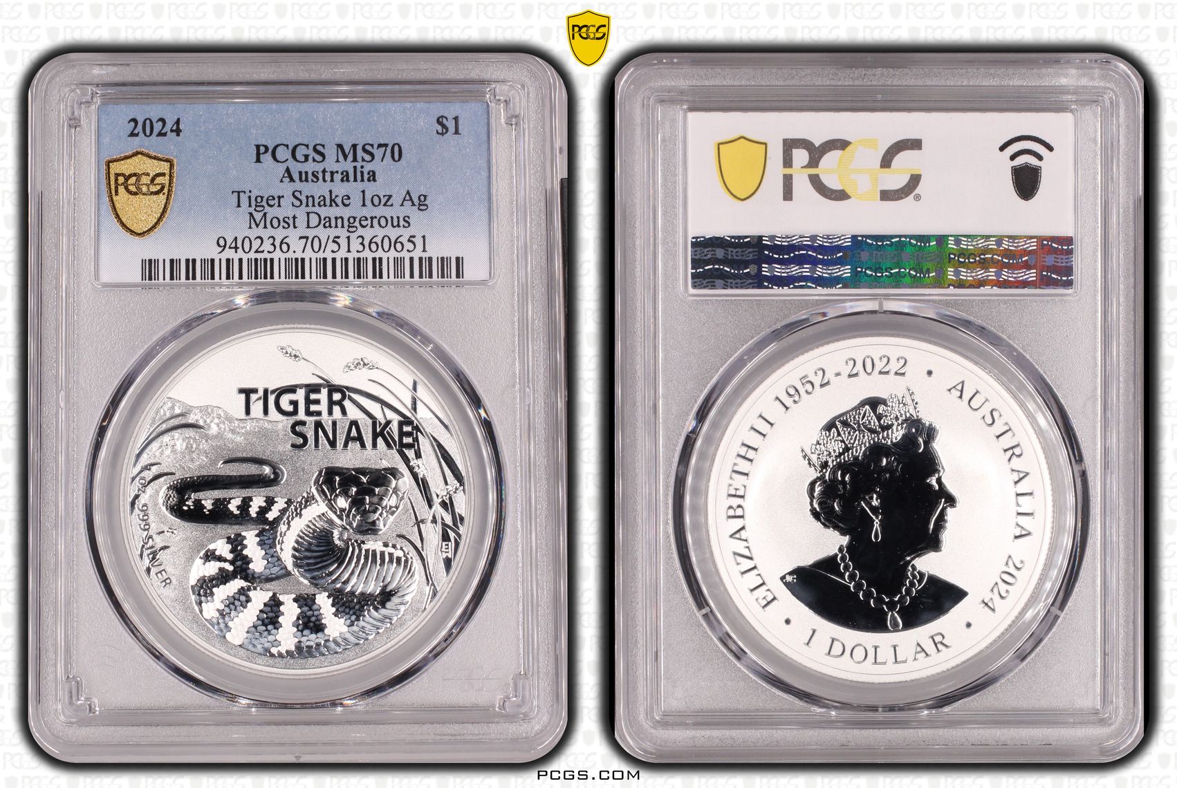 Tiger Snake 1oz Silver Most Dangerous, POP 2/0, One Dollar, 2024, PCGS MS70