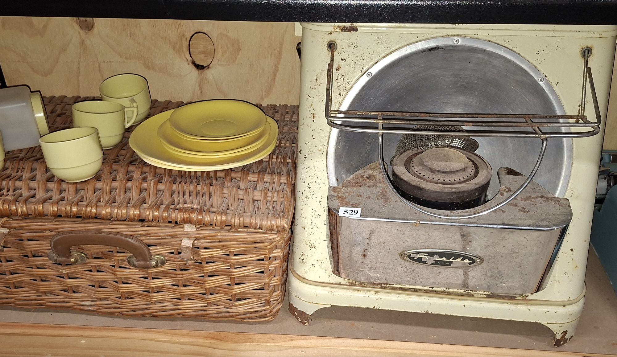 VINTAGE PICNIC BASKET AND FLOOR HEATER