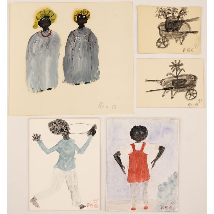 5pc Ree Brown Figure Small Paintings 5''x5.5'' Largest
