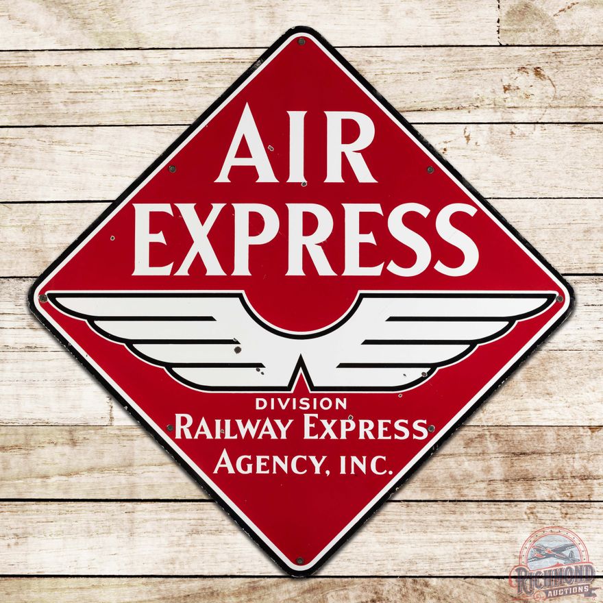 Scarce Railway Express Agency "Air Express" 49" Single Sided Porcelain Aviation Sign w/ Wings