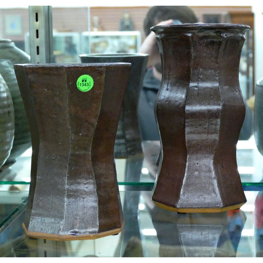 2pc Wayne Ngan Tenmoku Faceted Stoneware Vases 8'' and 10''