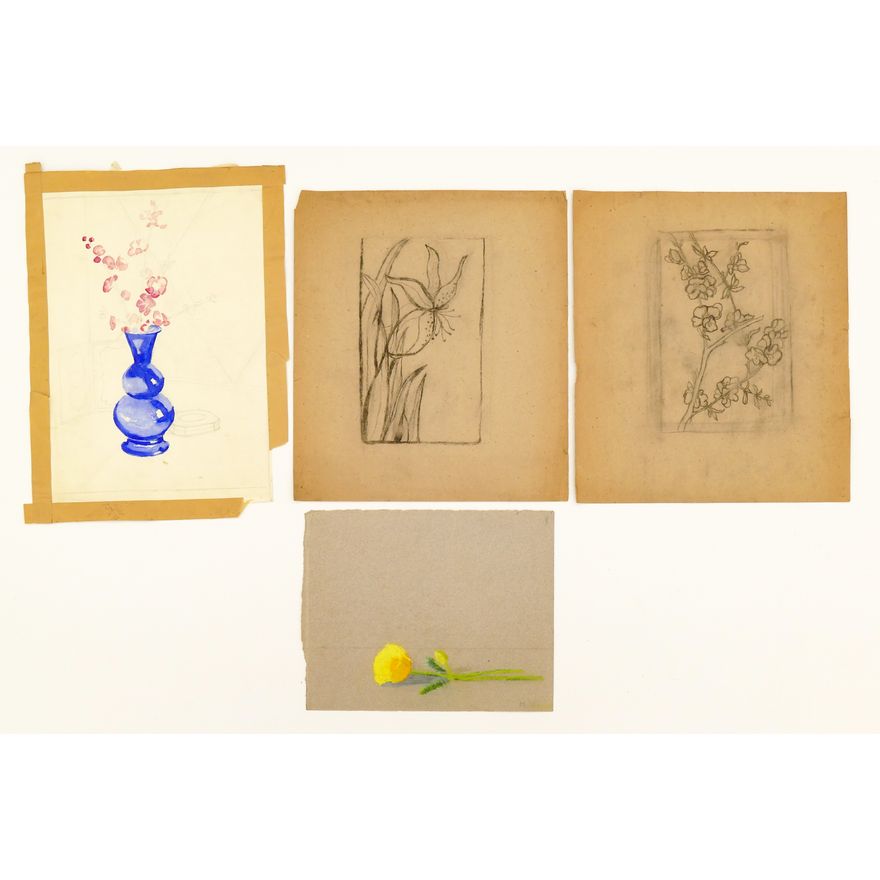 4pc Myra Wiggins ''Floral Studies'' Drawings and Watercolors