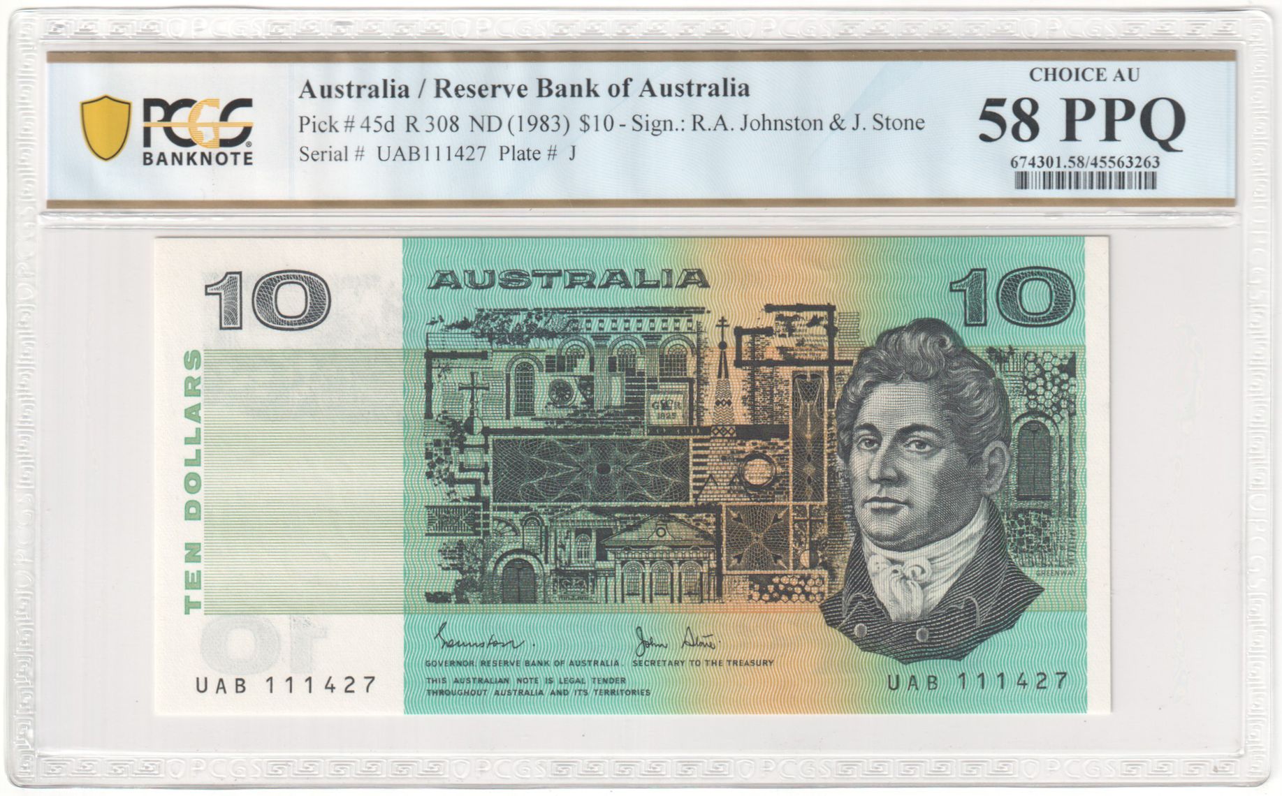 R. 308, Reserve Bank of Australia, Sign.: R.A. Johnston & J. Stone, Ten Dollar, ND (1983), PCGS - Choice AU 58 PPQ