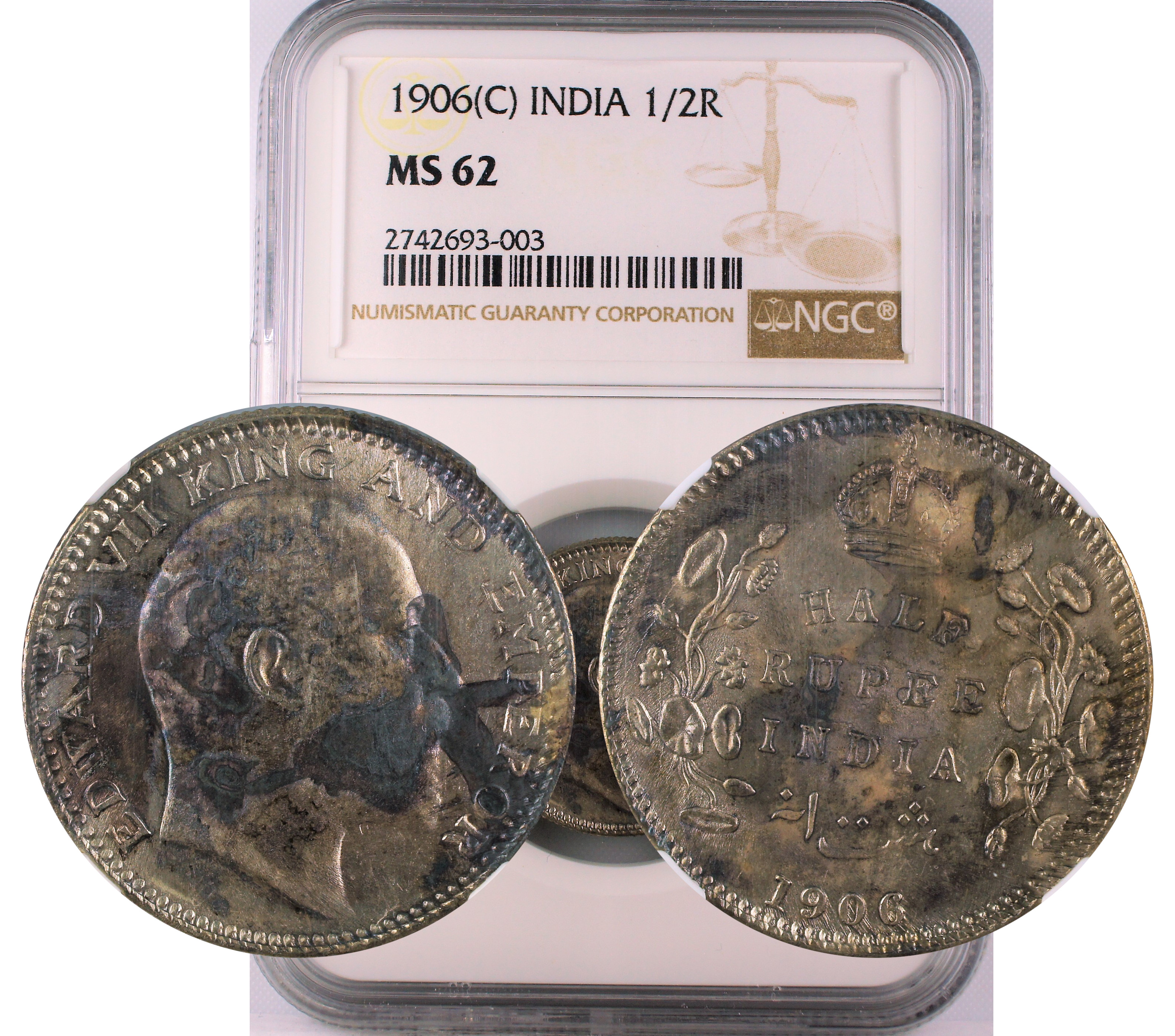 1906 C INDIA 1/2 RUPEE MS62