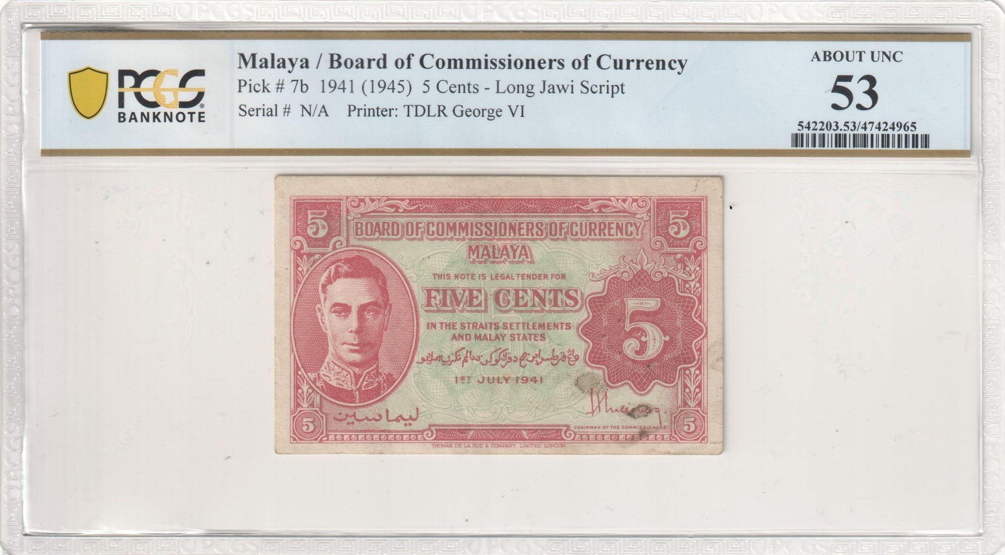 Malaya, Long Jawi Script, George VI, Five Cent, 1941 (1945), PCGS About UNC 53