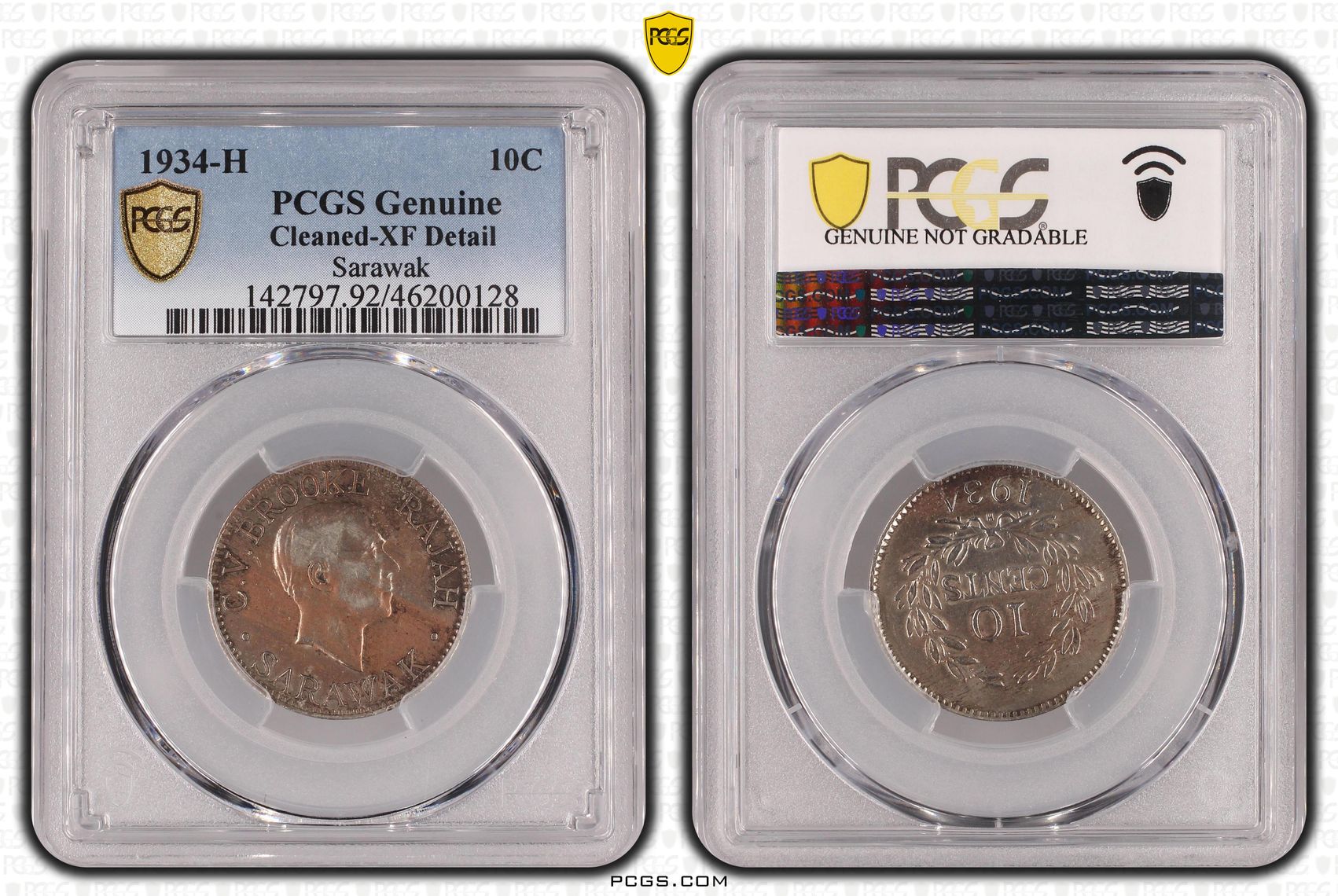 Sarawak, Ten Cent, 1934-H, PCGS Genuine - XF Details (92 - Cleaned)
