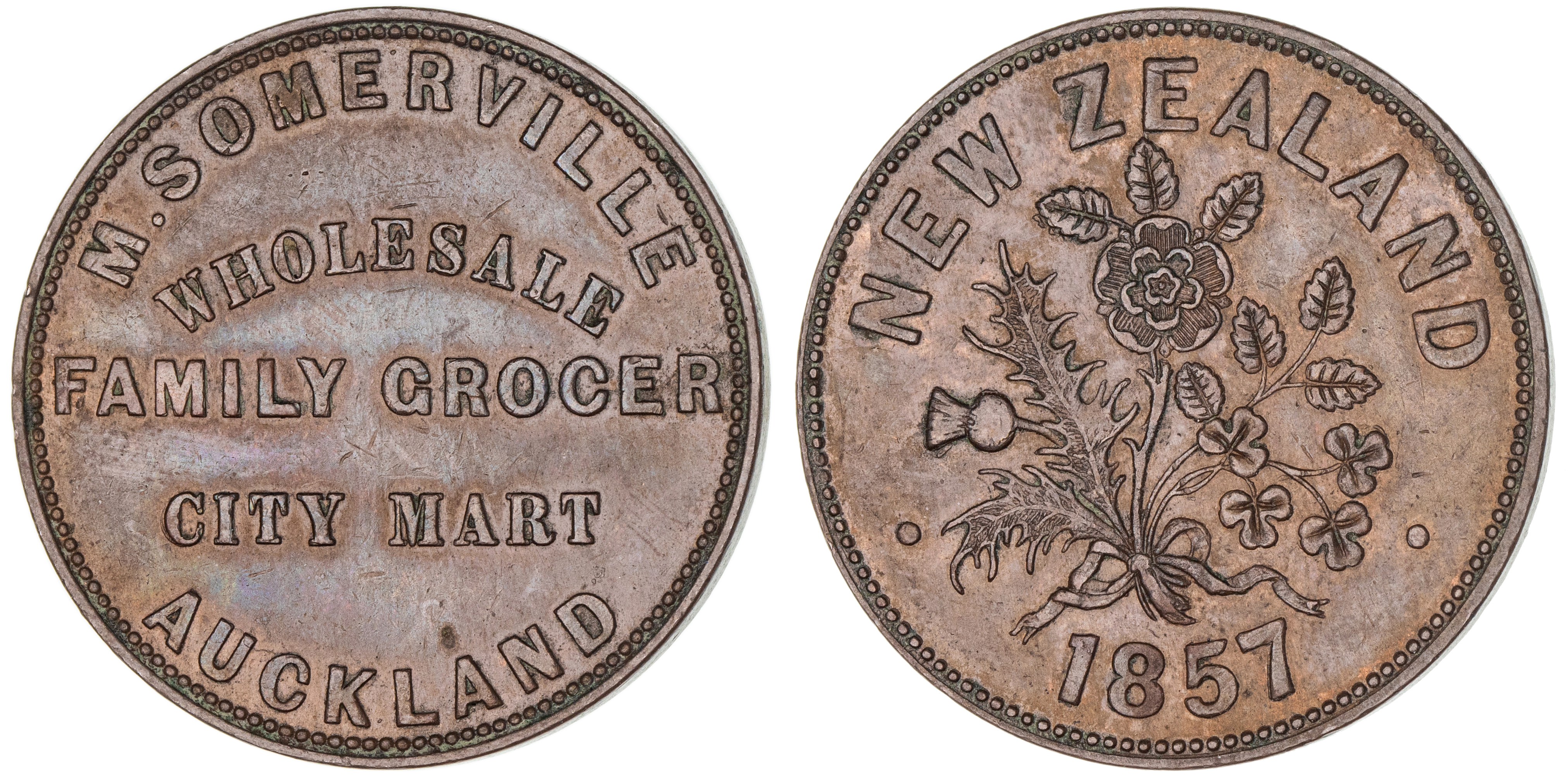 442 · New Zealand, M. Somerville, Auckland, Penny, 1857, aEF