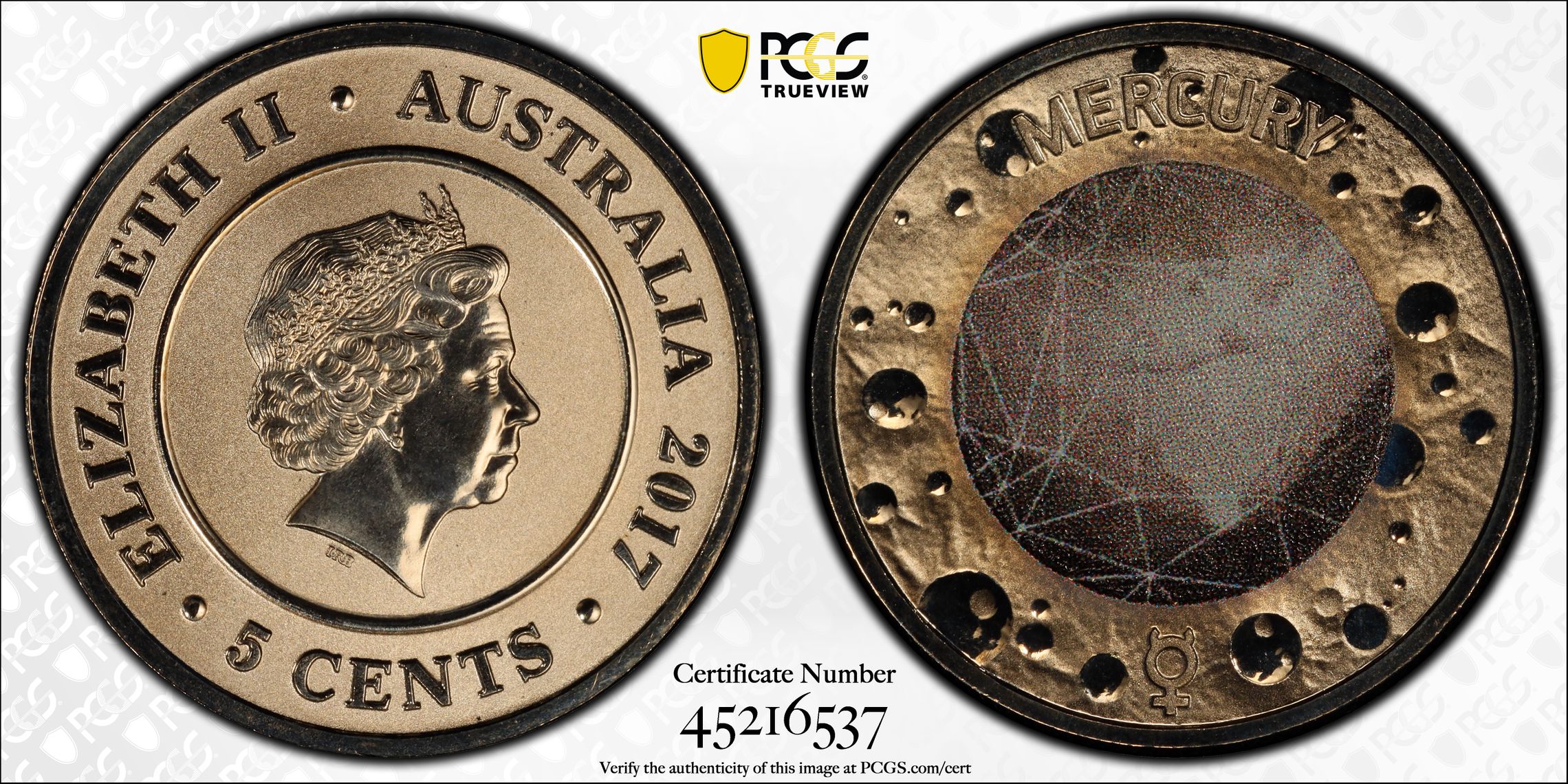2017 Australia Five Cent, 5c Planetary Coins Mercury PCGS - MS70 POP 64/0 -537