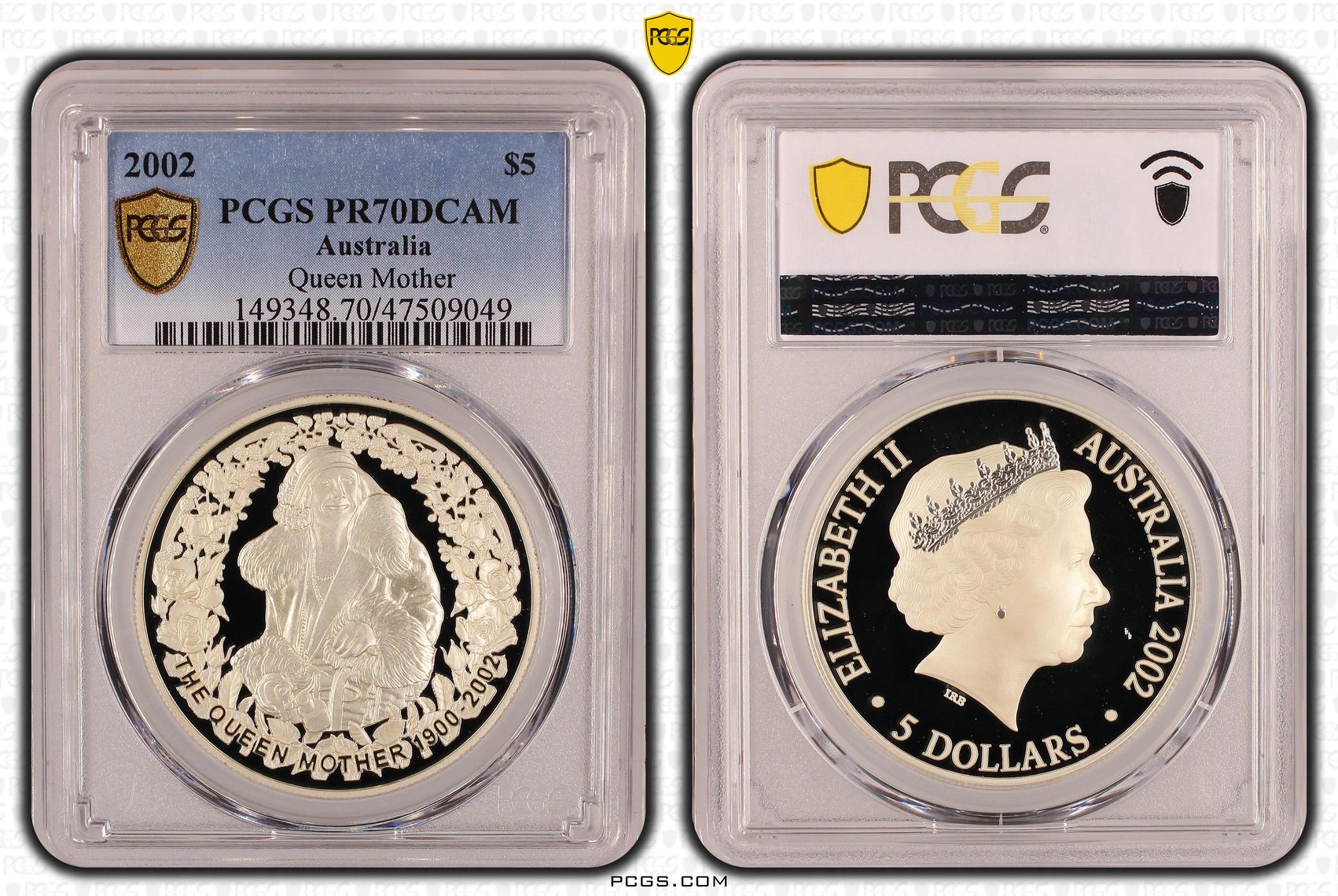 Elizabeth II, Queen Mother, Pop 7/0, Five Dollar, 2002, PCGS PR70DCAM