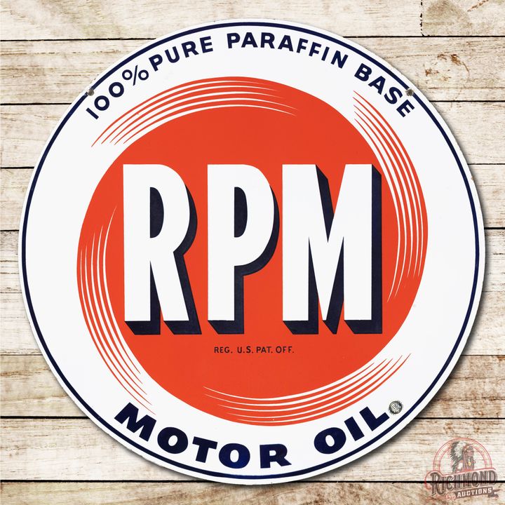 28" RPM Motor Oil "100% Pure Paraffin Base" Double Sided Porcelain Sign TAC 9.25