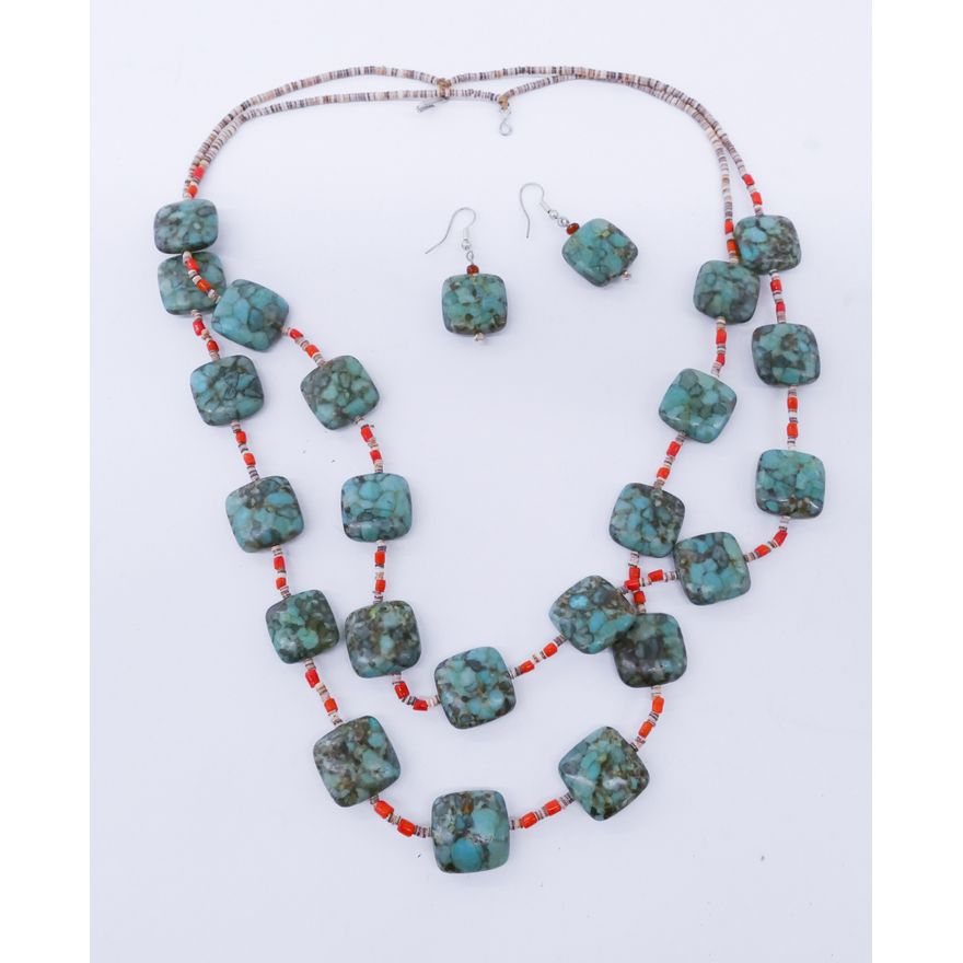 SW Turquoise Double Strand Necklace & Earring Set