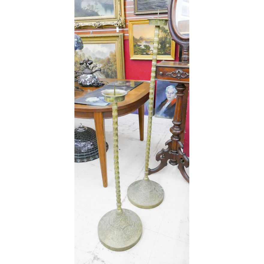 Pair Chinese Brass Tall Candlestands with Dragon Motifs- 41'' and 55''