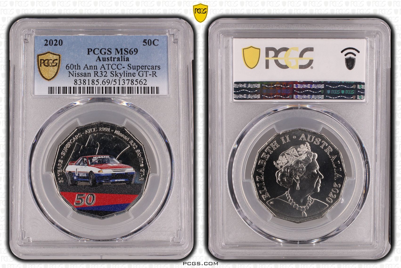 60th Ann ATCC Colorized Nissan R32 Skyline GT-R, POP 5/0, Fifty Cent, 2020, PCGS MS69