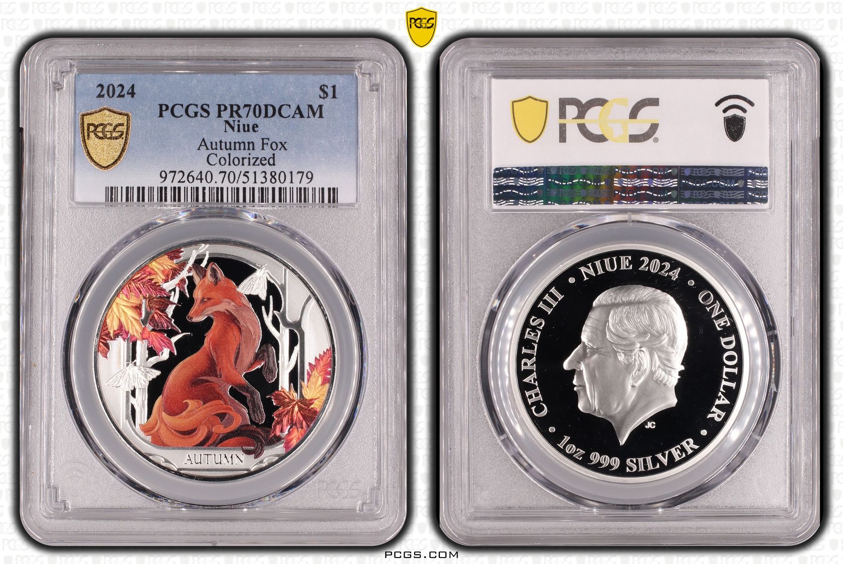 Niue, Autumn Fox Colourised, POP 1/0, One Dollar, 2024, PCGS PR70DCAM